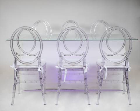Transparent Round Back Chiavari Chairs with Rectangle Table & Lit Base