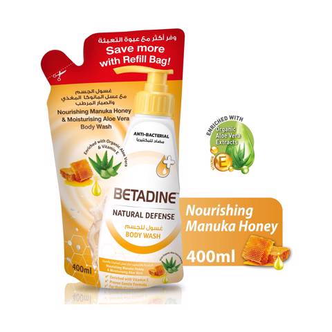 Betadine Body Wash Natural Defense, Manuka Honey, Refill Bag, 400 Ml