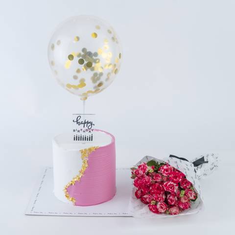Pink & White Cake & Flowers - Medium