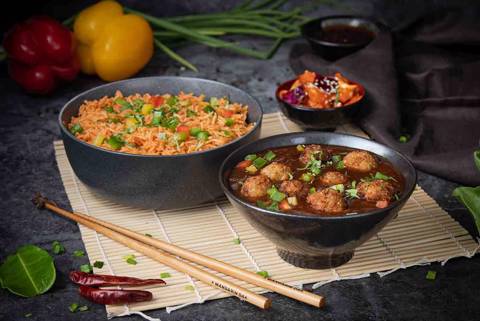 Vegetable Schezwan Fried Rice with Vegetable Manchurian Sauce